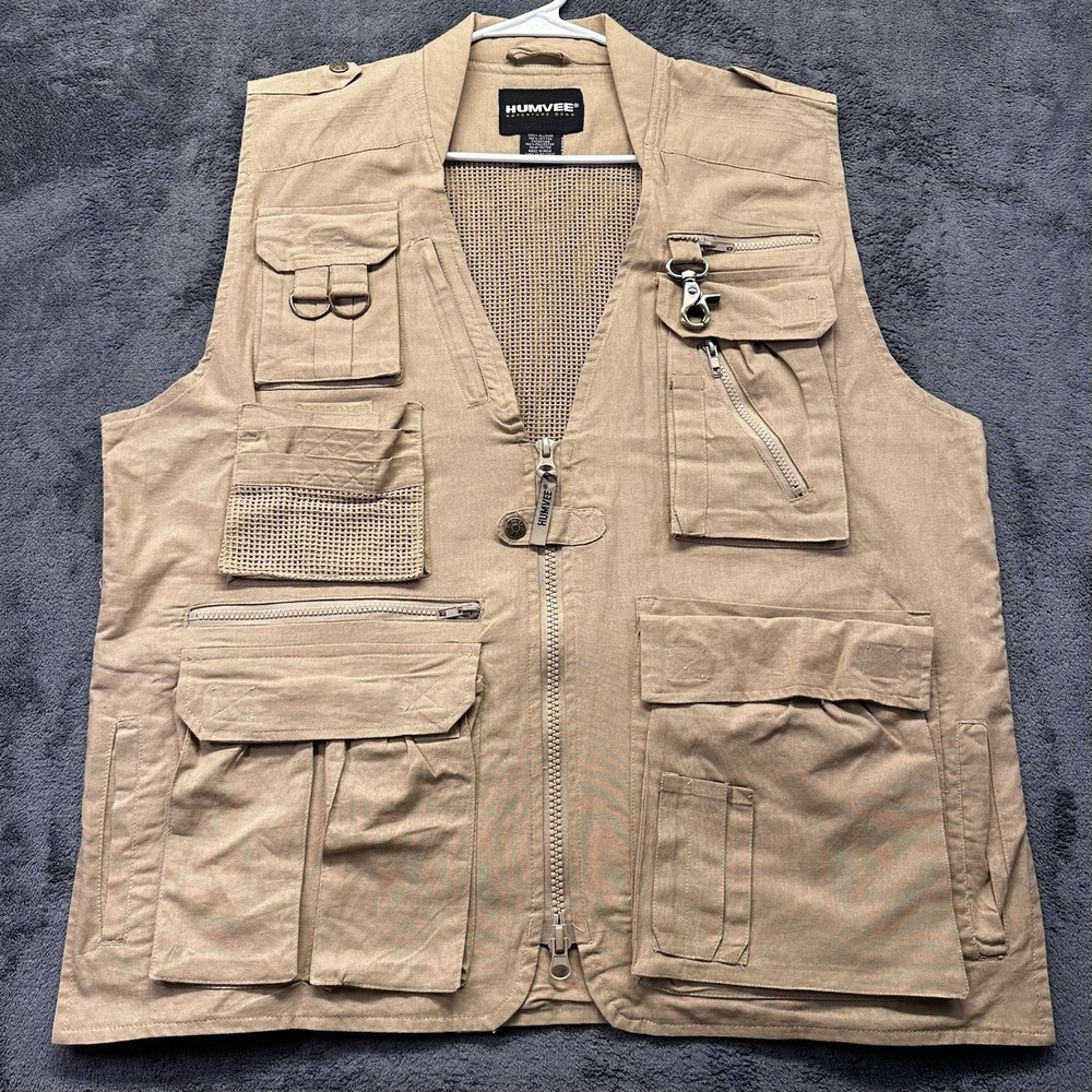 Humvee Vest Mens Large Safari Photo Fishing Hunting Khaki Tan 21 Utility Pockets